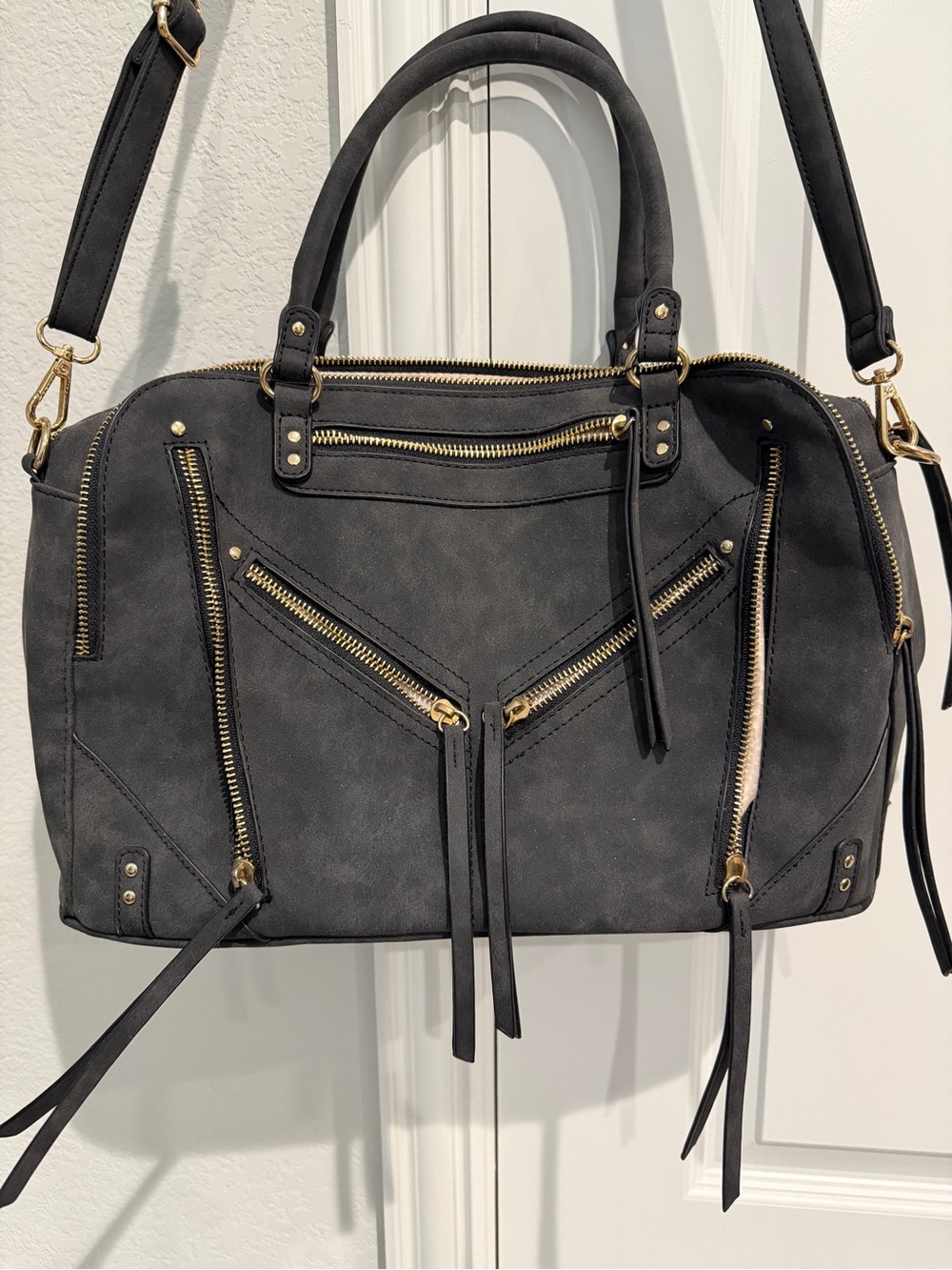 VR NYC Moto Zip Charcoal Gray Satchel Crossbody NWT